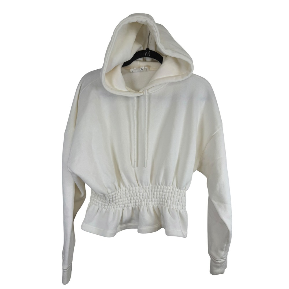 Ba&sh Women Cream Smocked Waist Hooded Sweatshirt Size S White Peplum Hoodie